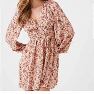 Floral Print Cutout Summer Mini Dress Taupe/Multi. Size Large